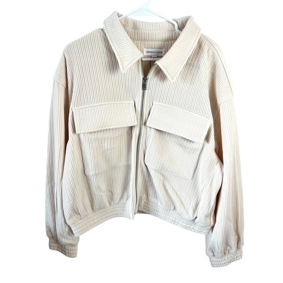 Gemma + Jane Corduroy Velour Cream Zip Up Jacket Size XL Utility, Minimalist NEW - Picture 3 of 13